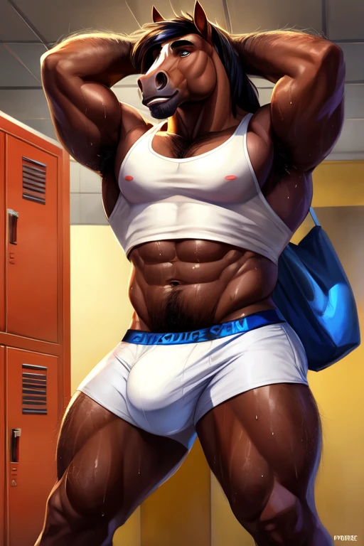 Medium muscular, horse, short tank top, white shirt, no pants, no shorts, speedo, anatomically correct genitals, horse genitals, massive bulge, big bulge, large bulge, bulge as big as his head, zoomed in on crotch, (((sweaty))), arms above head, spread legs, standing up, breathing hard, standing in a gym locker room, bedroom eyes, hairy armpits, hairy lower chest, hairy chest, mystikfox61, chunie, darkgem