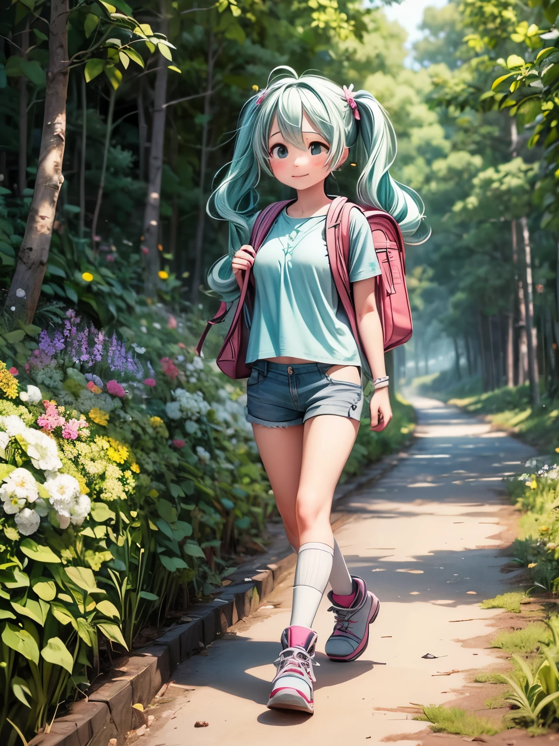 (masterpiece、highest quality、highest quality、Official Art、Beautiful and beautiful:1.2)、(One girl:1.3)Hatsune Miku、Twin tails,Beautiful breasts,there is a Woman walking down a dirt road with a backpack, time to climb the mountain path, The blossoming road to heaven, White shorts and hiking boots, The Best of Adobe Stock, spring day, Woman walking, Shutterstock, Woman carrying backpack, Young woman in shorts