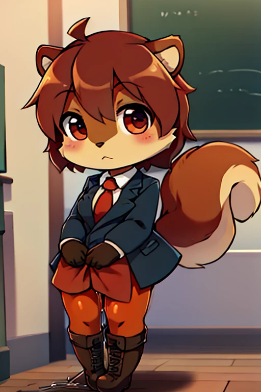 boy, squirrel, furry, bodyfur, blazer, bottomless, color tights, gloves, boots, chibi, school, kneeing