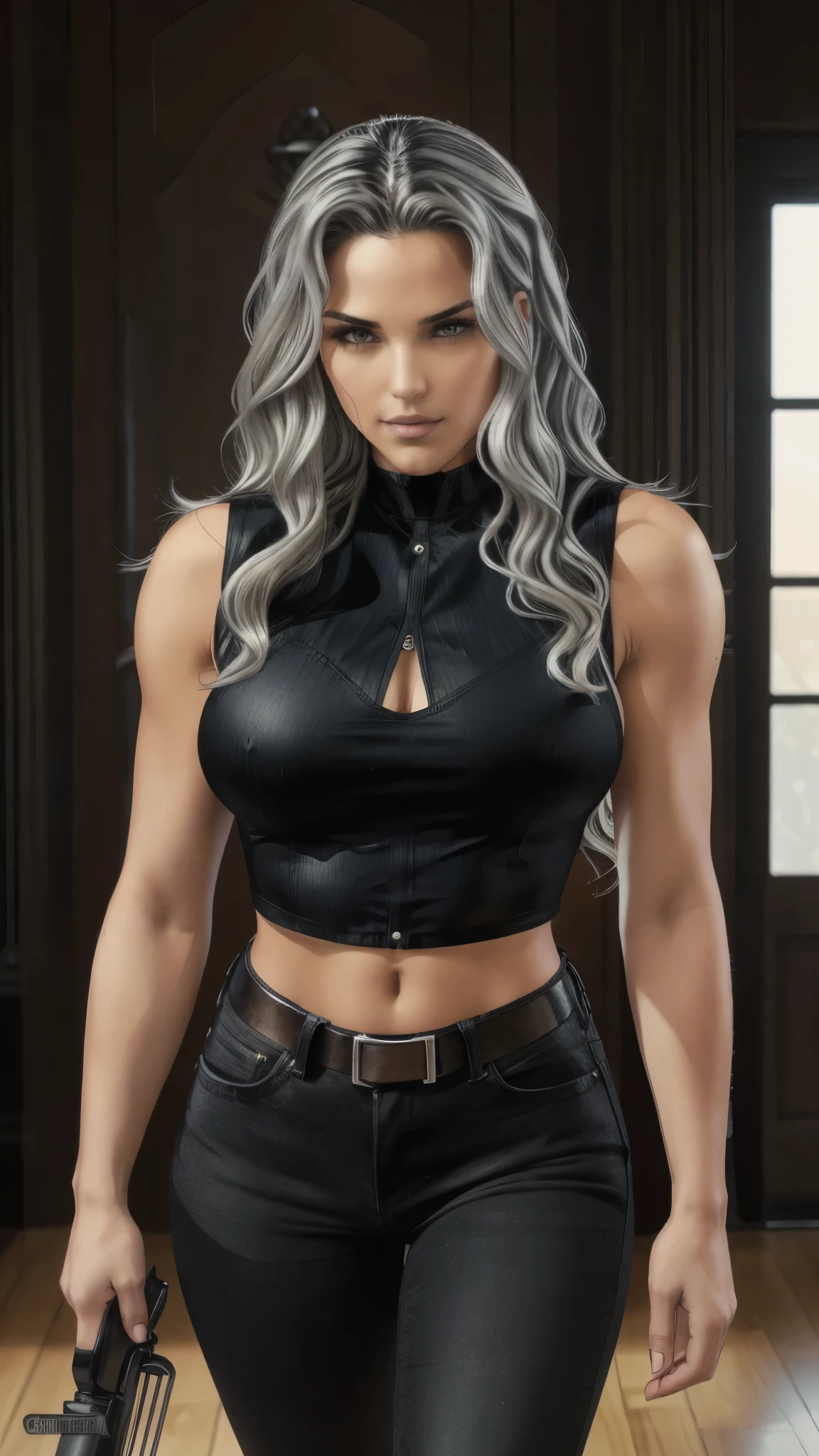wavy silver hair that cascades to the middle of her back. Brown eyes. Slim and athletic build. She was wearing a black jeans. black military vest and low-cut white blouse. Weapon in a left arm. Very Busty.