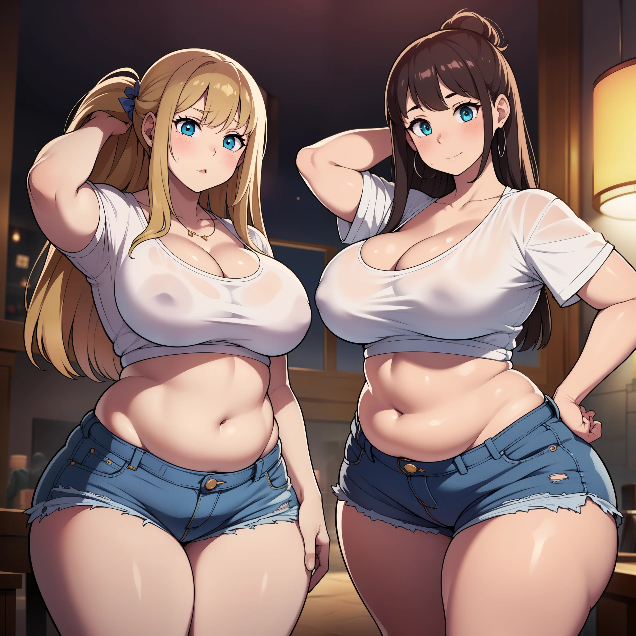 ((highres)), Masterpiece, high quality, best quality, beautiful, perfect lighting, detailed face, ultra cute face, ((2girls)), blush, one girl has blonde hair, blue eyes, crop top and shorts, one girl has brown hair, green eyes, jeans, white shirt, fast food restaurant, cleavage, medium breasts, ((wide hips)), (thick thighs), ((chubby)), chubby belly, belly grab, fat folds, standing next to each other,