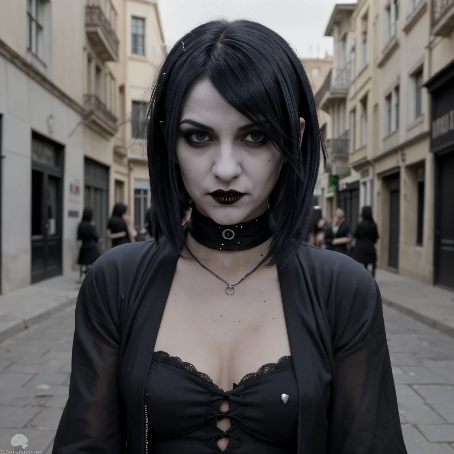 chica vampire goth caminando en la calle, con flequillo, y todos la voltean a mirar