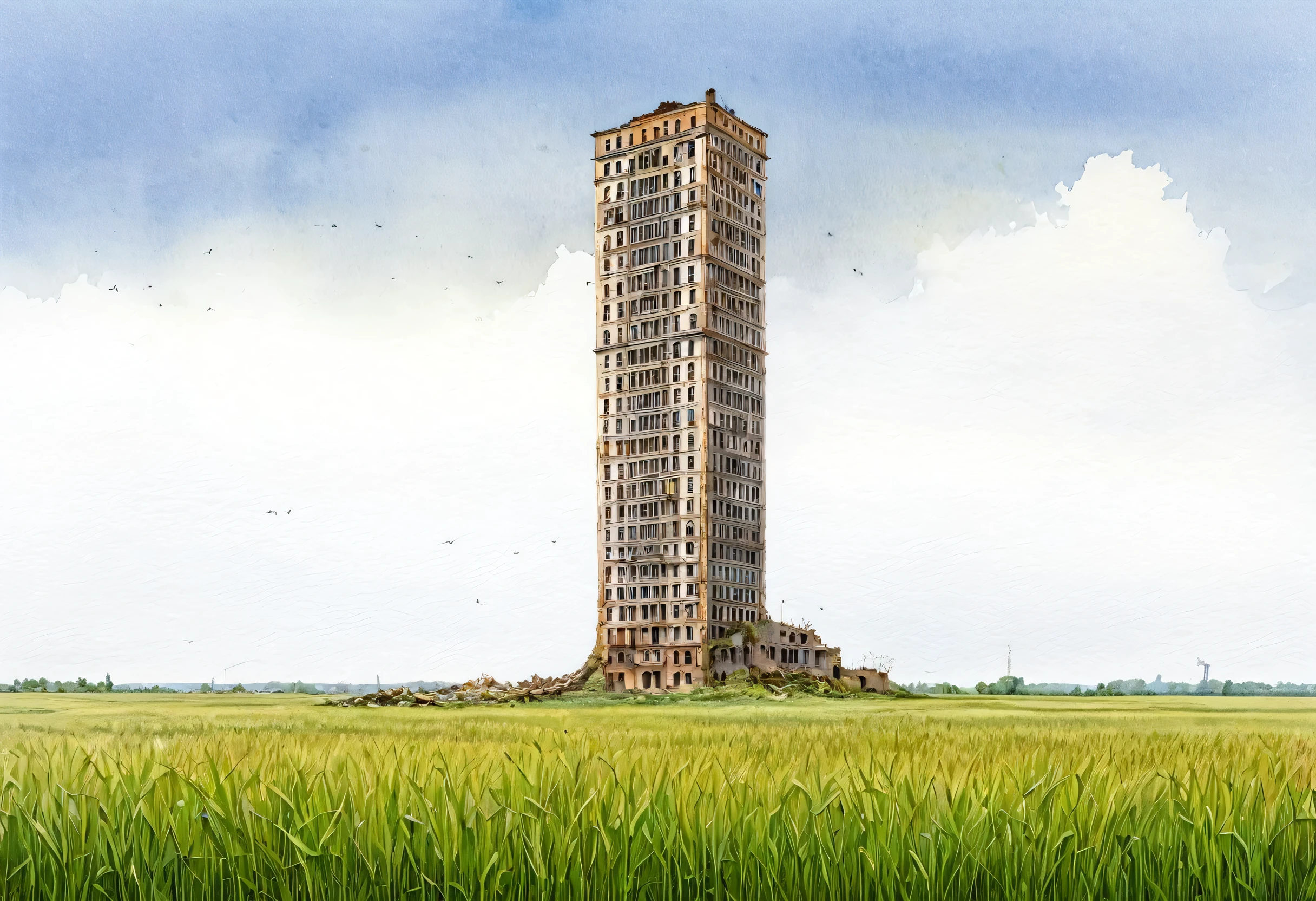 There is a picture of a tall building in the middle of a field., Watercolors inspired by Matthias Jung, CG Association Contest Winner, Conceptual Art, crumbling ancient skyscraper, Surreal ruins, Simon Staalhaag. masterpiece, Big poor building, outdoors Dilapidated cityscape, Dilapidated cityscape, Ruin architecture, Tall beautiful paintings, Tower of the Old Ruins