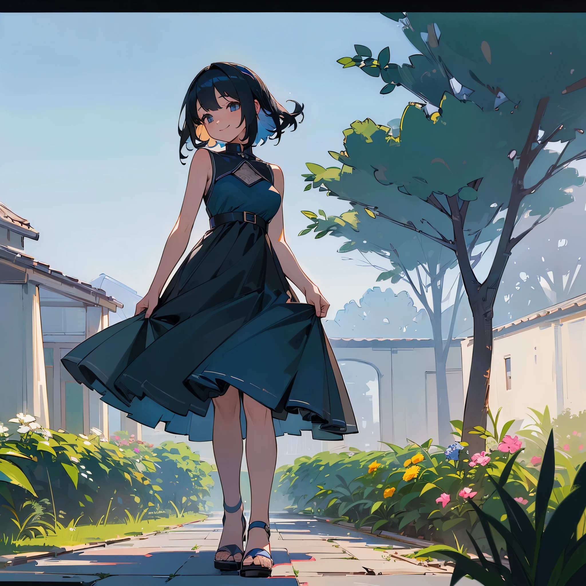 (high quality, High resolution, Very detailed, reality:1.37), Peaceful atmosphere, (Outdoor, garden), girl standing alone, (my breasts are big.), Beautiful details, Cute Smile, (Black bob hair), Blue sleeveless dress, Sandals.