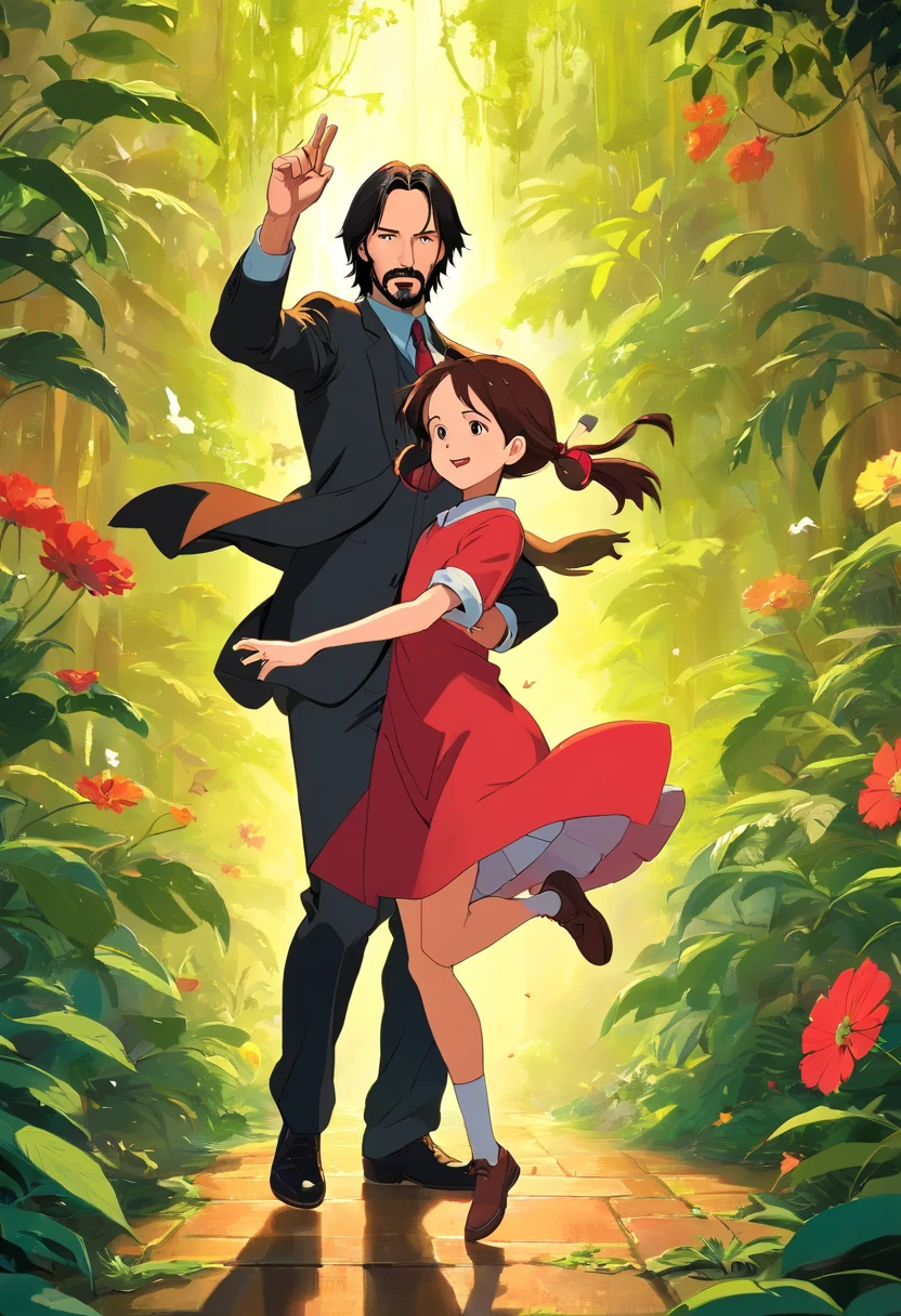 John Wick in "Borrower Arrietty",John Wick dancing with Arrietty,Directed by Hayao Miyazaki,Studio Ghibli production,Starring Keanu Reeves,