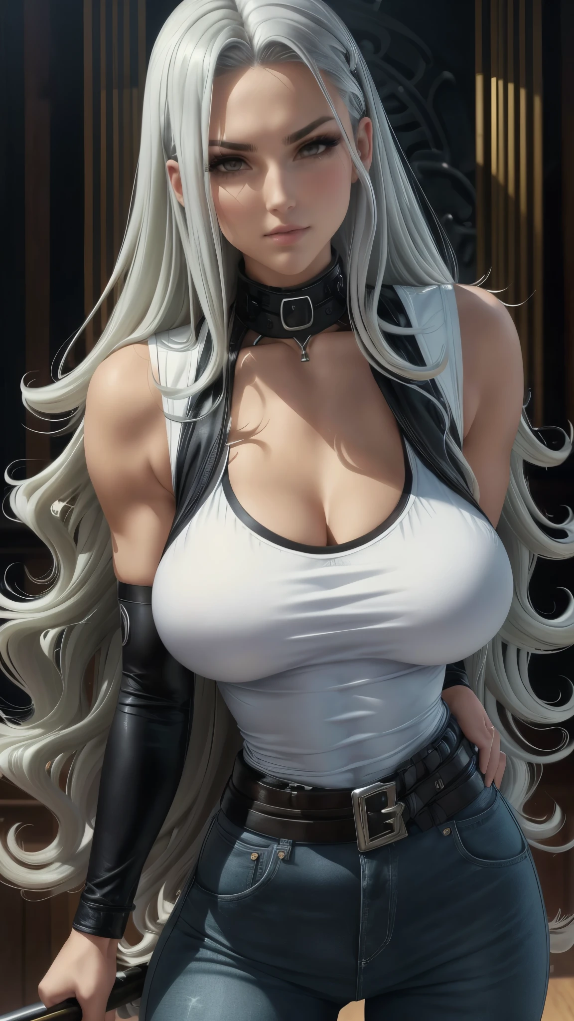 wavy silver hair that cascades to the middle of her back.  Brown eyes.  Slim and athletic build.  She was wearing a black jeans. black military vest and low-cut white blouse. Weapon in a left arm. Very Busty. 