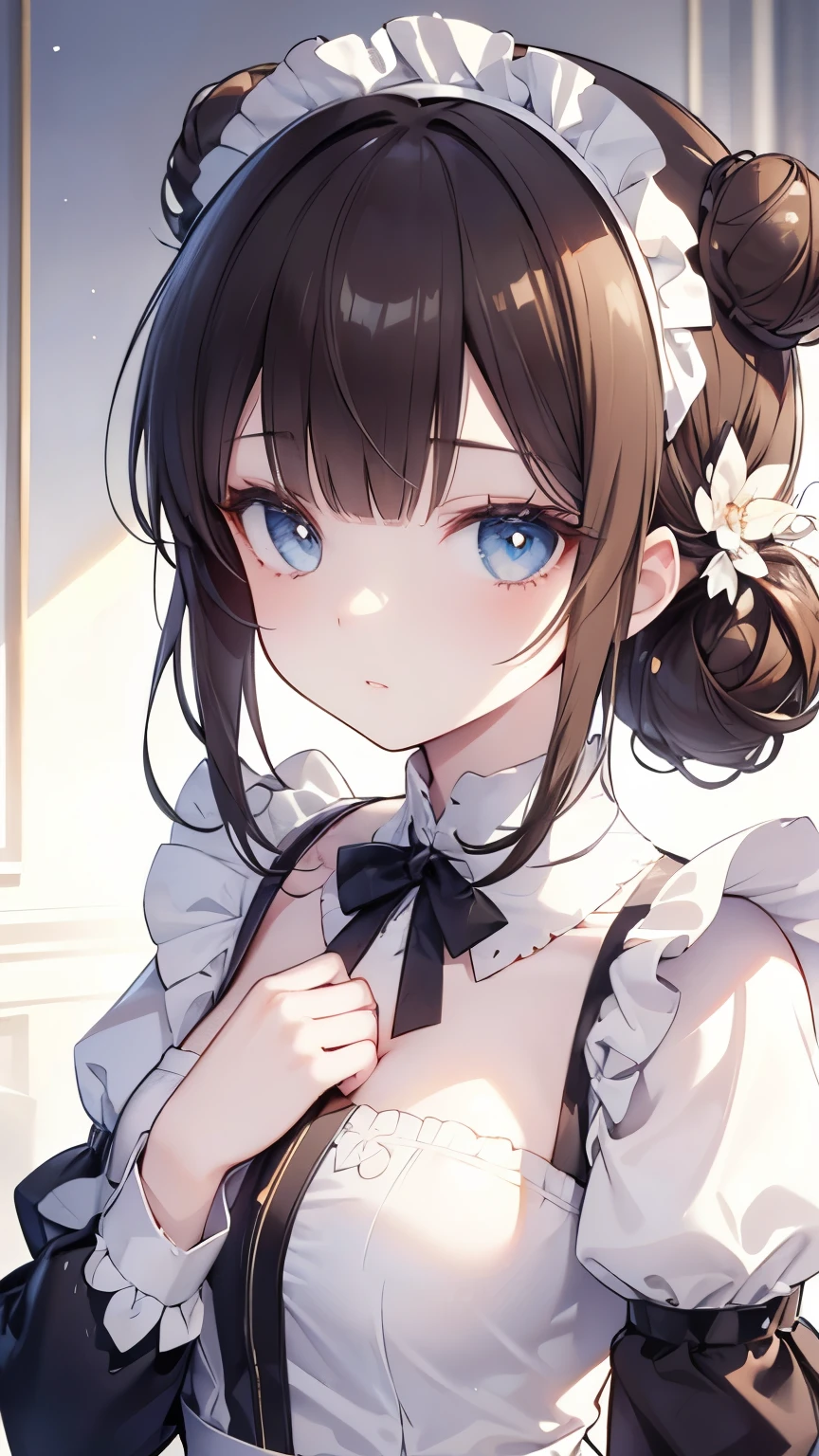 (White long sleeve shirt), (Open chest), (masterpiece),((Very detailed)), (Highly detailed CG illustrations), (highest quality), (One girl), High-quality texture, Intricate details, Detailed Texture, High Quality Shadows, Realistic facial expression, Beautiful and delicate face down to the last detail, Beautiful and delicate eyes, perfectly balanced face, Depth of written boundary, perspective, Narrow Face, (Big eyes:1.2), Perfect body, (Shiny skin), Focus Only, (brown hair), Light source contrast, Maid clothes, British style maid, doughnut hair bun