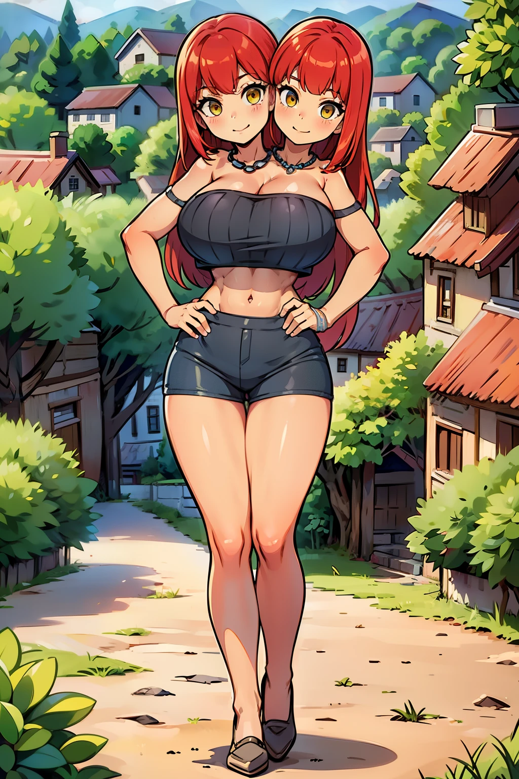 best quality, (masterpiece),(ultra-detailed), (high quality), (high resolution), ((2heads:1.5)), best quality:1.5, highres, UHD, 16K), ((two headed woman)), smiling, highres, masterpiece, ((red hair)), ((blue hair)) cleavage, ((daek gray crop top:1.5)), lustrous and smooth skin, huge breasts, (mature woman), seductive silhouette, casual dress, sexy proportions, Beautiful girl with accentuated slender abs, ((full body)), long legs, seductive woman, ((village background:1.5)), ((exposed midriff )) necklace, body con dress, strapless, sleeveless, yellow eyes, ((long hair)), seductive woman, cowboy shot