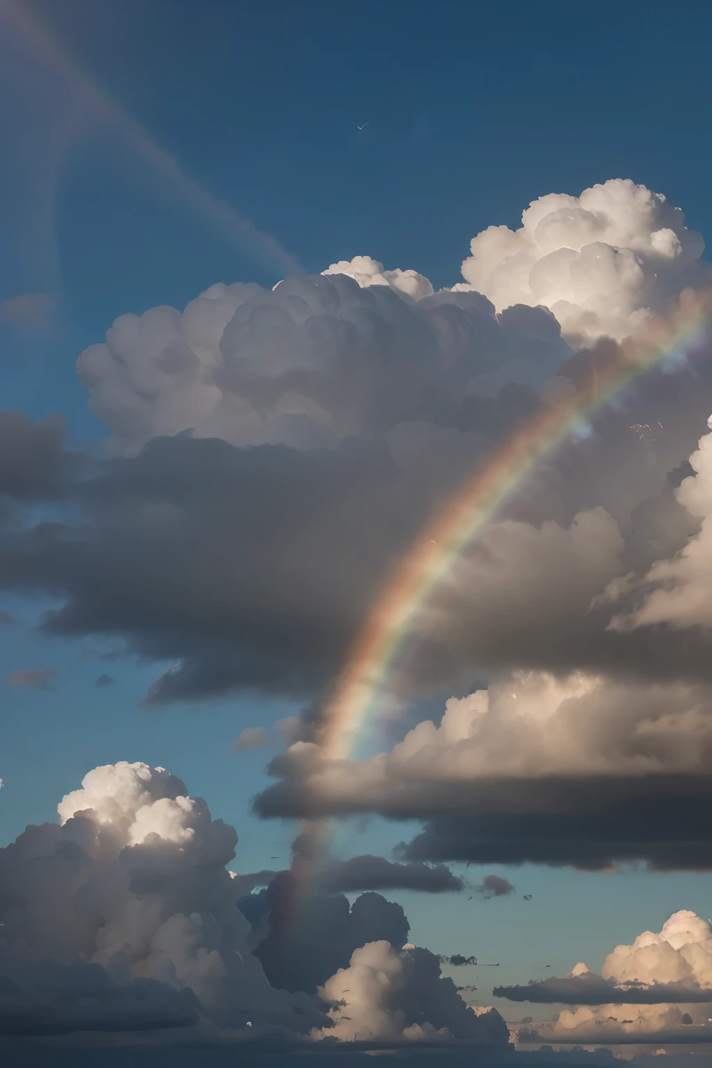 Imagen de nubes cumulus y entre las nubes un arcoiris y un sol al fondo