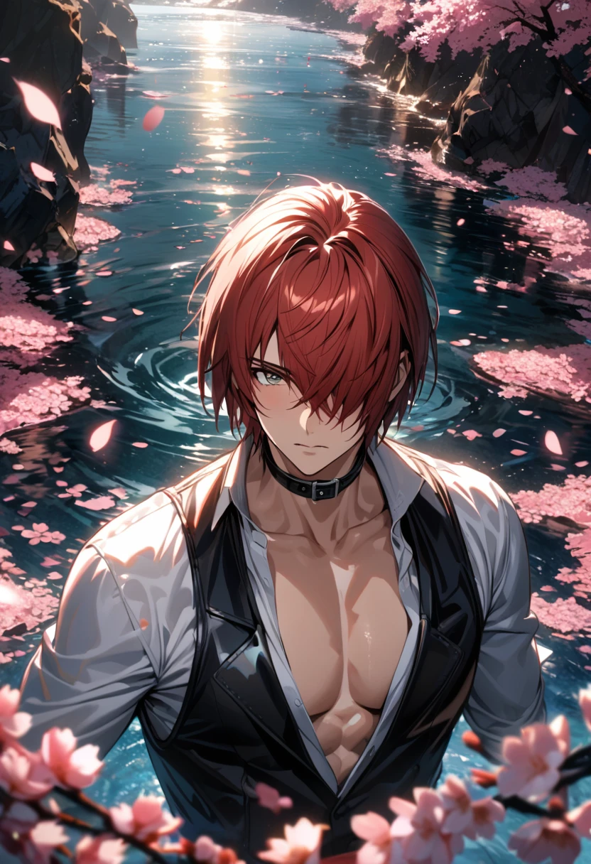 Ultra detailed, Highres, absurdres, HDR, Iori Yagami, red hair, short hair, hair over the right eye, expressive brown eyes, black vest, black collar, white tight shirt, The King Of Fighters, cherry blossoms, pink petals, handsome, sexy man, solo, very detailed eyes and face, glittering, water, master piece, best quality, toned chest,