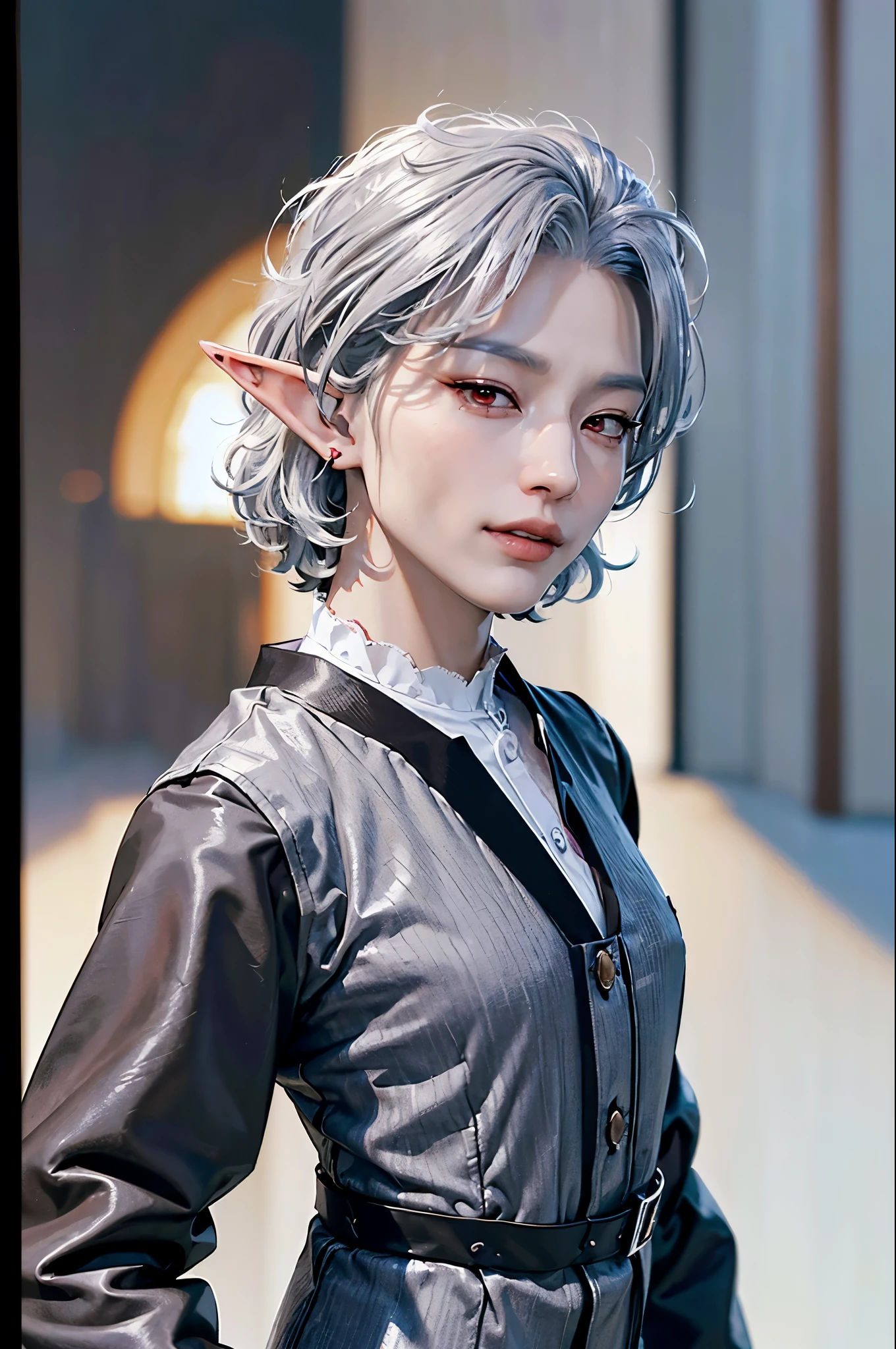 ((4K works))、masterpiece、(top-quality)、((high-level image quality))、((One Beautiful Fallen Angel Man))、((King of Fallen Angels))、Slim body、((Vampire Black Y-Shirt Fashion))、(Detailed beautiful eyes)、((Fantastic English corridor))、Corridors in an evil English castle、((Face similar to Chaewon in Ruseraphim))、((Fallen Angel Longhair))、(((bright silver hair)))、((Smaller face))、((Neutral face))、((Evil face))、((Red Eyes))、((Korean Male))、((50 years old))、((wild boy))、((Evil look))、((angry expressions))、((Show your teeth and smile))、((Korean makeup with black eyeshadow))、((elongated and sharp eyes))、((Shot alone))、((Fallen angels))、Photos of fallen angels、Villain、Dark Proof、((Shot from diagonally in front))、((He is walking in front of the viewer)) (((POINT EARS)) ((ELF EARS))