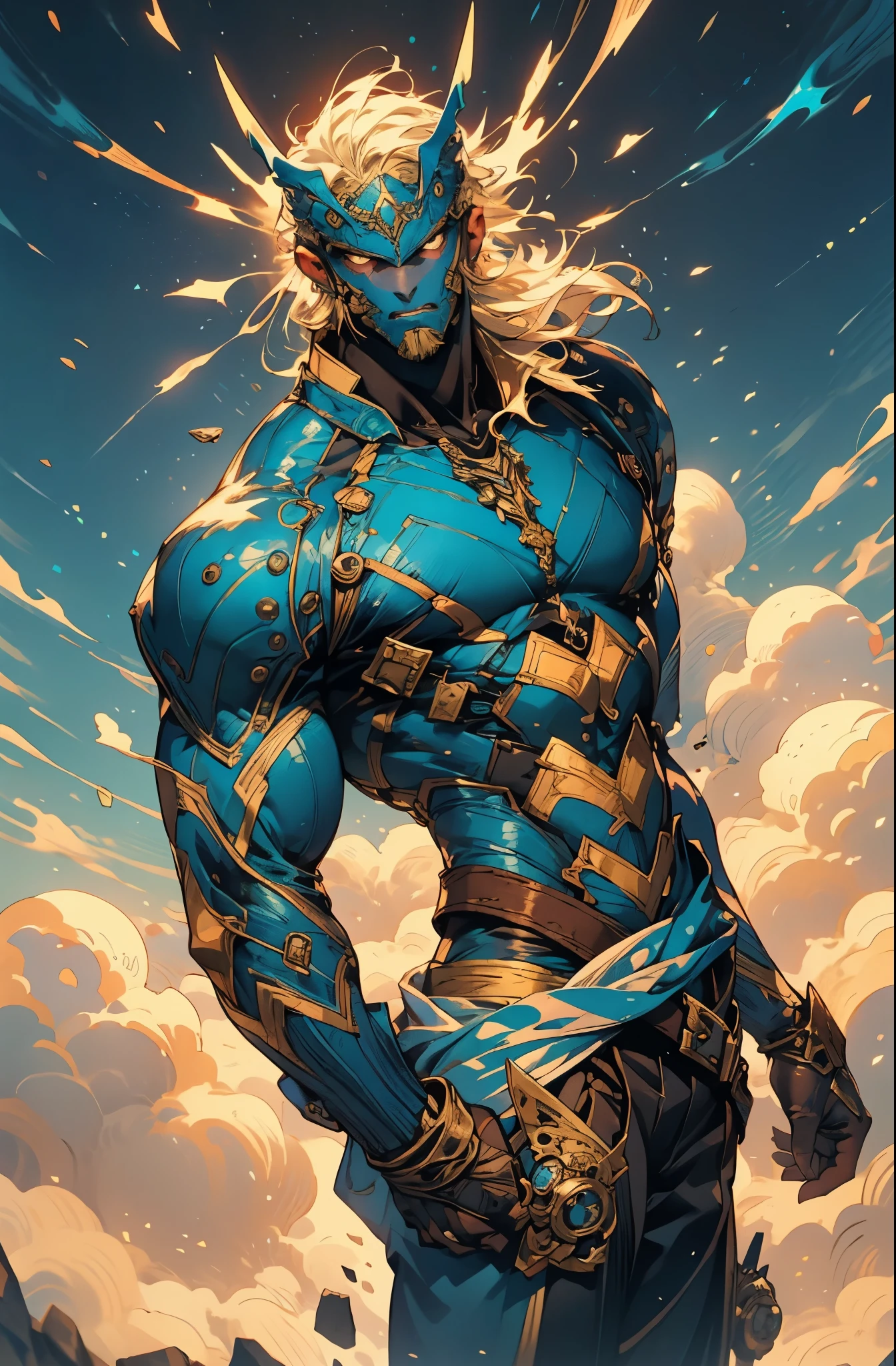 A man with messy medium-length hair emitting neon fluorescence, a magnificent fantasy-style headdress covering upper half of his face, sharp gaze, a muscular physique with a bronze-toned upper body, a plain cloth belt wraps around his waist, white coarse cloth trousers, standing sideways with a tilted body, topless, amidst iridescent nebula clouds, this character embodies a finely crafted fantasy-style practitioner in anime style, exquisite and mature manga art style, high definition, best quality, highres, ultra-detailed, ultra-fine painting, extremely delicate, professional, perfect body proportions, golden ratio, anatomically correct, symmetrical face, extremely detailed eyes and face, high quality eyes, creativity, RAW photo, UHD, 32k, Natural light, cinematic lighting, masterpiece-anatomy-perfect, masterpiece:1.5