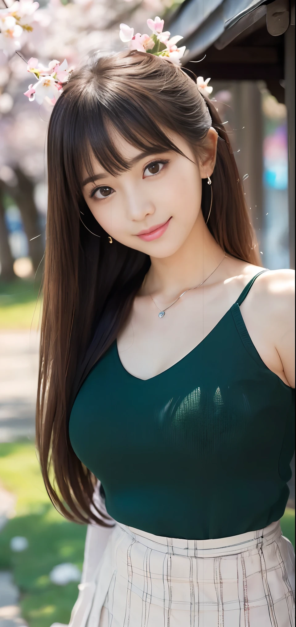 ((Tabletop, highest quality, High resolution, Hmph, Perfect Pixel, Written boundary depth, 4K, Hmph, Hmph))), 1 girl, single, alone, Beautiful Anime Girls, Beautiful art style, Anime characters, ((Long Hair, bangs, Brown Hair)), ((Green Eyes:1.4, Round eyes, Beautiful eyelashes, Realistic eyes)), ((Detailed face, blush:1.2)), ((Smooth texture:0.75, Realistic texture:0.65, Realistic:1.1, Anime CG Style)),  Dynamic Angle, ((Black tank top, Long sleeve, Black Mini Skirt, Checked skirt, Stylish, 1 diamond necklace)), smile,  amusement park, ((cherry blossoms, cherry blossomsの花が散る))