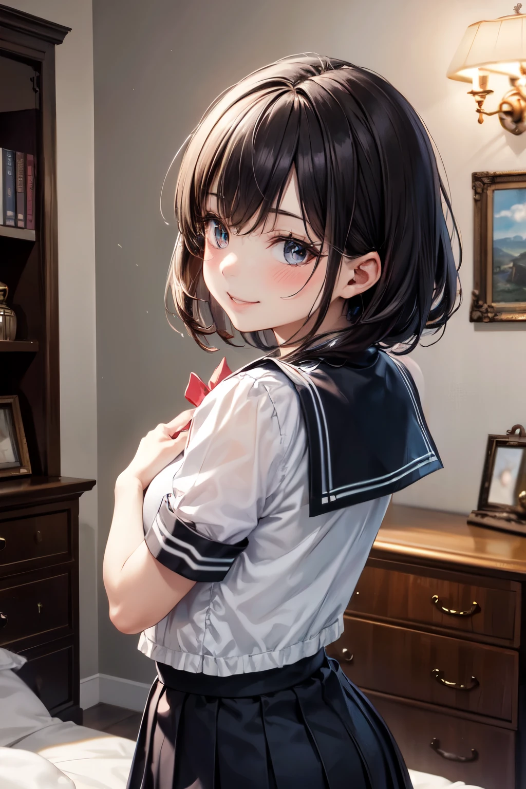very cute and beautiful girl,(highly detailed beautiful face and eyes), (seductive smile:1.2),blush,embarrassed,looking at viewer,black hair,serafuku,short sleeve,pleated navyblue mini skirt, (looking back,from behind), antique hotel bedroom,gorgeous furnitures, (best quality,masterpiece),absurdres,highres,ultra-detailed,extremely detailed,32k,8k resolution, intricate details,cinematic scene,detailed background,solo,dynamic angle,
