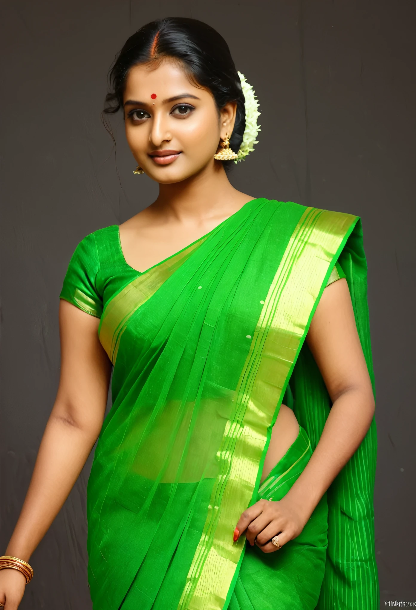 ((best quality)), ((masterpiece)), (detailed), perfect face,tamil 20 year woman in green saree,sexy