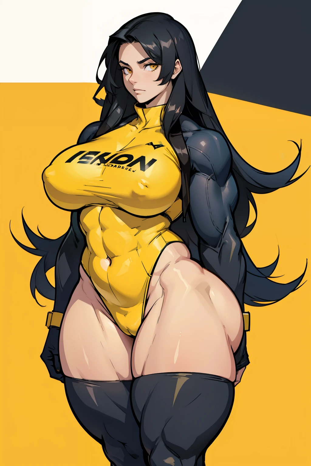 solo, 1 girl, (very long hair), black hair, yellow eyes pale skin (wide hips thick thighs curvy muscular toned body bodybuilder huge tits) skintight sad