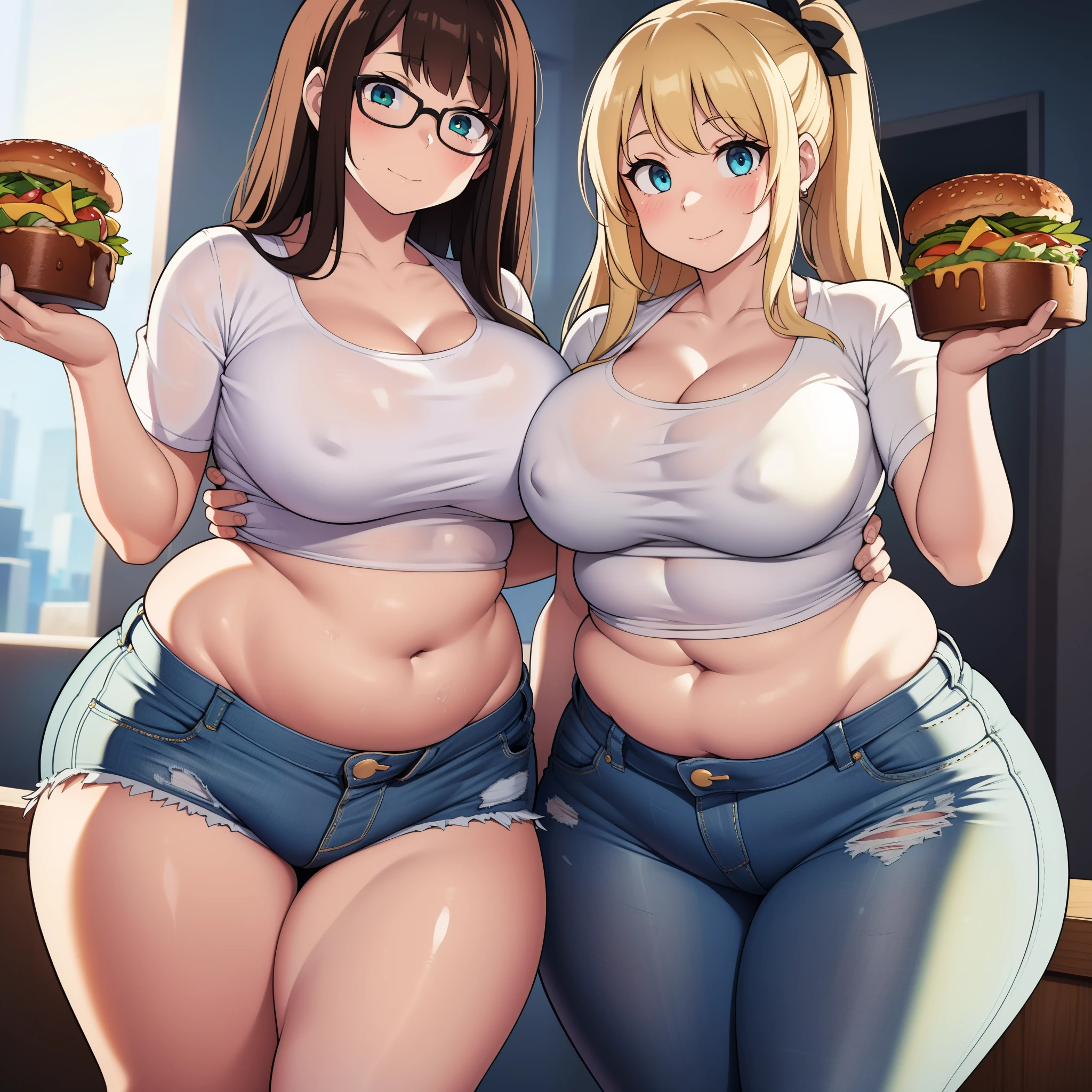 ((highres)), Masterpiece, high quality, best quality, beautiful, perfect lighting, detailed face, ultra cute face, ((2girls)), blush, one girl has blonde hair, blue eyes, crop top and shorts, one girl has brown hair, green eyes, jeans, white shirt, fast food restaurant, cleavage, medium breasts, ((wide hips)), (thick thighs), ((chubby)), chubby belly, belly grab, fat folds, standing next to each other,