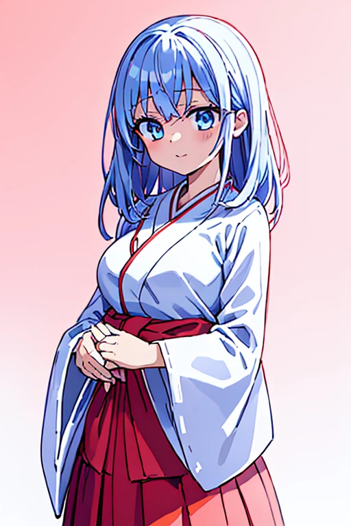highest quality High resolution {Red too:1.35},シンプルなShrine maiden服 Shrine maiden服 (white background white groundless background:1.5), Long short hair Drooping eyes Anime style illustrations Beauty Shrine maiden Cute eyes smile Scarlet hakama Dark blue eyes One Woman Light blue hair Shortcuts Wide sleeves Long hem Looking up Big Breasts
