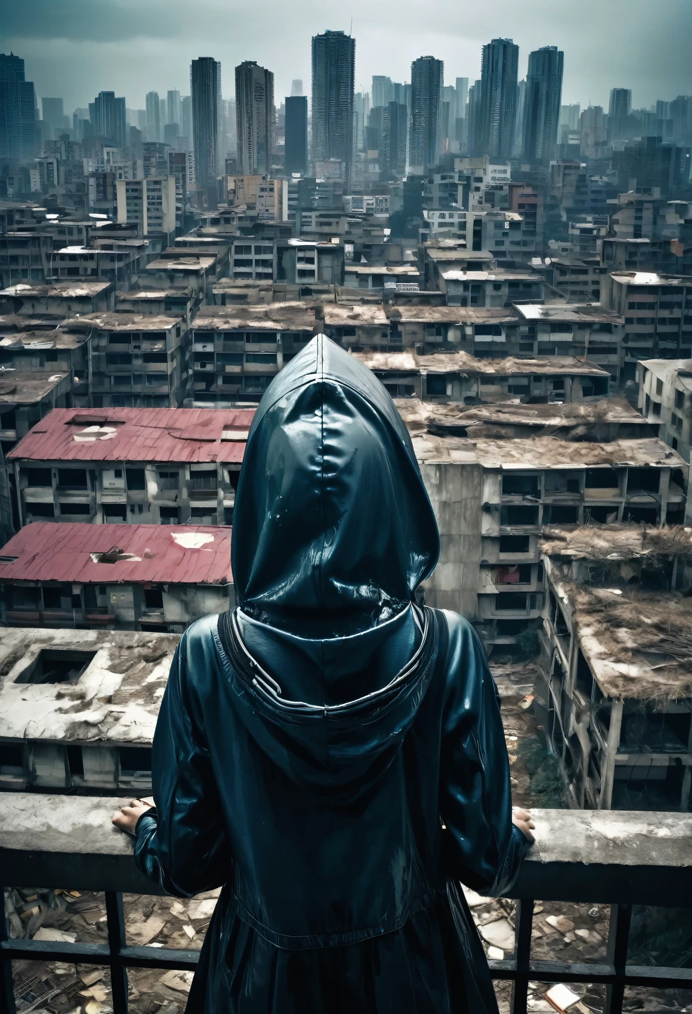 image taken from above and behind the shoulder of a dirty wet GIRL with her back and DRESSED IN a dirty HOOD from a second floor balcony of a dilapidated futuristic building, She is looking at an aerial view of an ultra-futuristic North American megalopolis, distopia, lixo nas ruas, tem lixo residencial em toda parte, curved buildings in ruins, apocalypse moderno, view of the entire city with many wide, cylindrical buildings and metal houses in dark colors from dark blue to black and in ruins, the dirty apocalyptic city, tem viadutos e pontes que atravessam a cidade, smoky buildings , It's raining a lot, tem chuva, there are puddles of water everywhere, apocalyptic industrial environment with smoke and fog around, carros sujos nas ruas, tem viadutos largos e longos e bifurcados no meio da cidade, there are overpasses passing between the buildings, desert megalopolis, trilhos e trens modernos de de metal passando estre as ruas da cidade, tall futuristic metal buildings, many ultra modern buildings around, , as realistic as possible, As detailed as possible, imagem realista, Science fiction