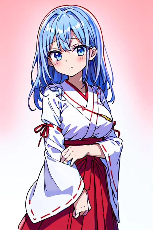highest quality High resolution {Red too:1.35},シンプルなShrine maiden服 Shrine maiden服 (white background white groundless background:1.5), Long short hair Drooping eyes Anime style illustrations Beauty Shrine maiden Cute eyes smile Scarlet hakama Dark blue eyes One Woman Light blue hair Shortcuts Wide sleeves Long hem Looking up Big Breasts