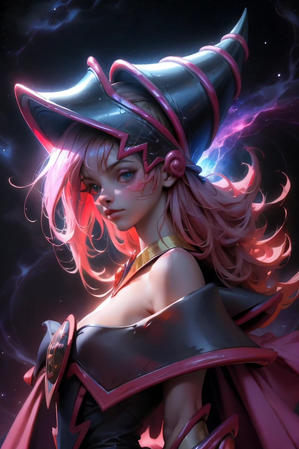 Giles magos oscuros. magos oscuros. ojos azules. cabello rubio. labios rojos. Detailed Features.., cosmic colors, ethereal lighting, Pintura surrealista, high resolution, otherworldly atmosphere, Seres celestiales. Hermosa diosa