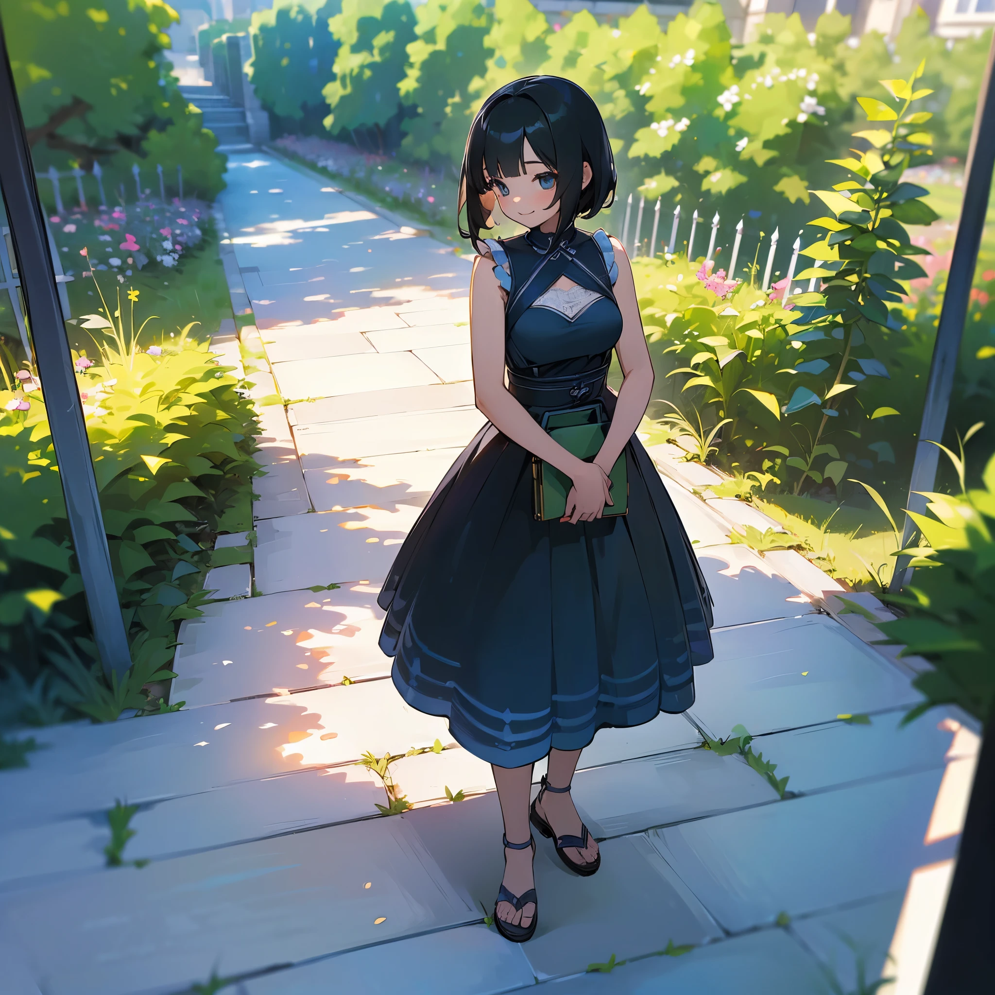(high quality, High resolution, Very detailed, reality:1.37), Peaceful atmosphere, (Outdoor, garden), girl standing alone, (my breasts are big.), Beautiful details, Cute Smile, (Black bob hair), Blue sleeveless dress, Sandals.