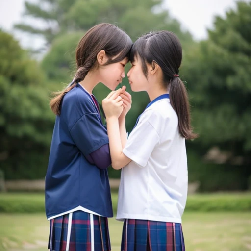 Two Japanese girls in short sleeves and shorts are kissing with their eyes closed