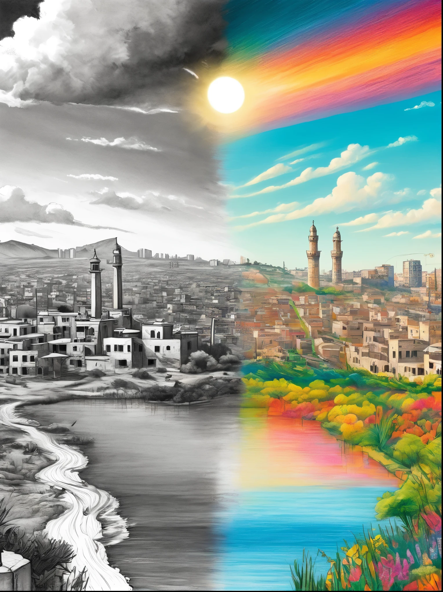 (The left half is a black and white line drawing of the war-torn city of Gaza:1.3), (On the right half is a beautiful and pleasant Israeli city with tall buildings, bright sunshine and bright colors:1.5), excellent quality, Detailed background, The art of math, ((The artwork should transition from a pencil drawing style in black and white on the left half to vibrant colors on the right half, Ensure a seamless integration between the two halves without any dividing line, with the left side featuring detailed black and white pencil strokes and the right side filled with colors, creating a harmonious blend across the image))