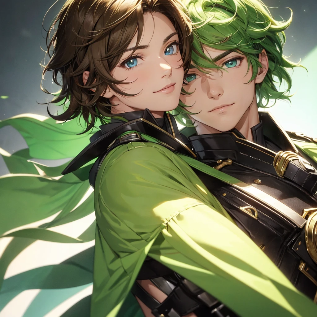 A bust shot of a handsome guy with short, wavy dark blond hair, a gentle smile and bright eyes, one that's light green and the other that's ember.