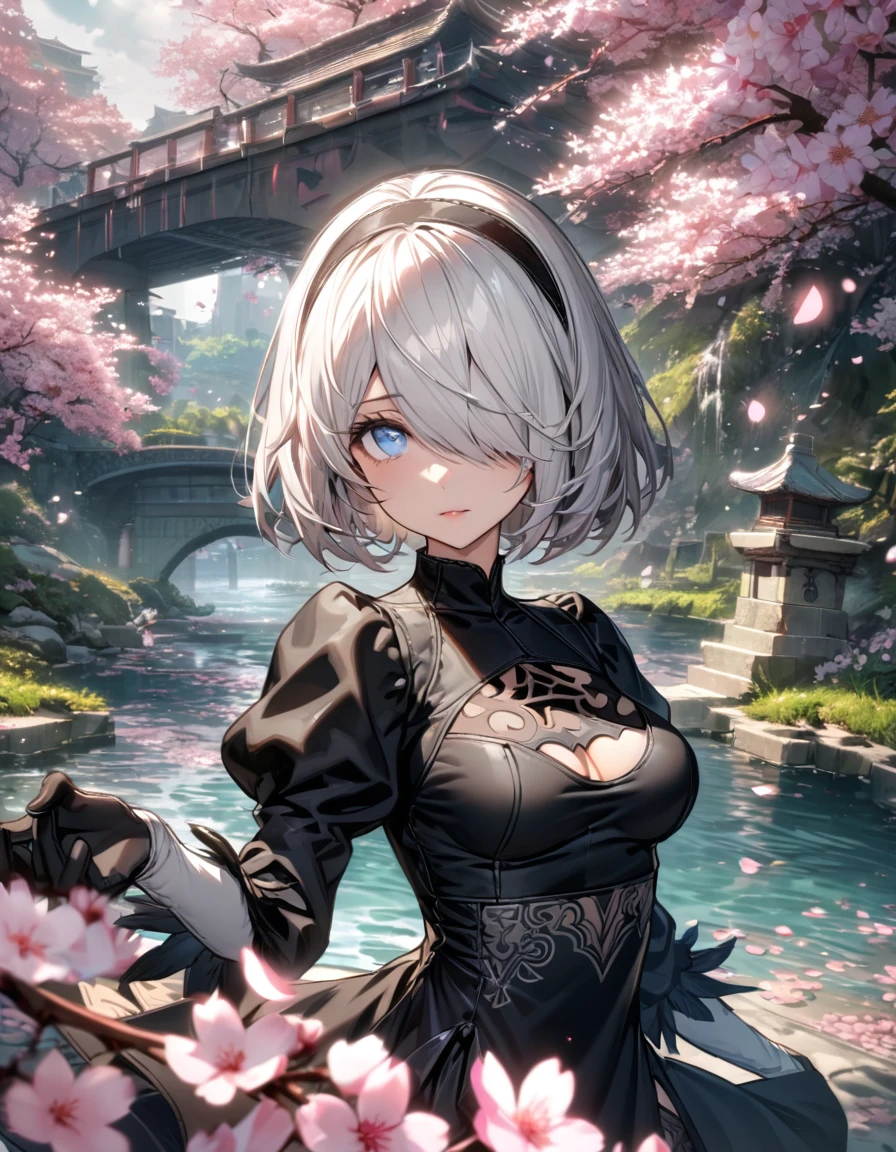 Ultra detailed, Highres, absurdres, HDR, 2B, white hair, short hair, black hairband, expressive blue eyes, hair over the right eye, black dress with patterns, black gloves, Nier Automata, cherry blossoms, pink petals, extremely beautiful, woman, solo, very detailed eyes and face, pink butterflies, water, master piece, best quality, glittering