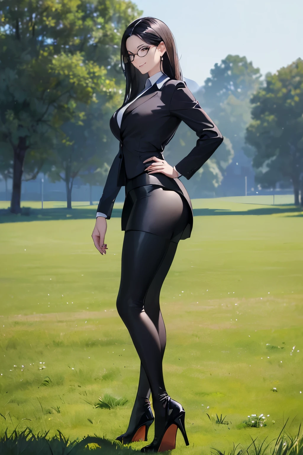 ((best quality)), ((masterpiece)), ((detailed)), (((perfect faces))), (((30yo beautiful woman in black suit, shirt, tight skirt, leggings))), (((:0.8))), (((glasses))), (((black hair))), (((standing))), (((high heels))), (((arms crossed))), (((smirking))), (((grass field))), (((looking back over shoulder))), (((skinny )))