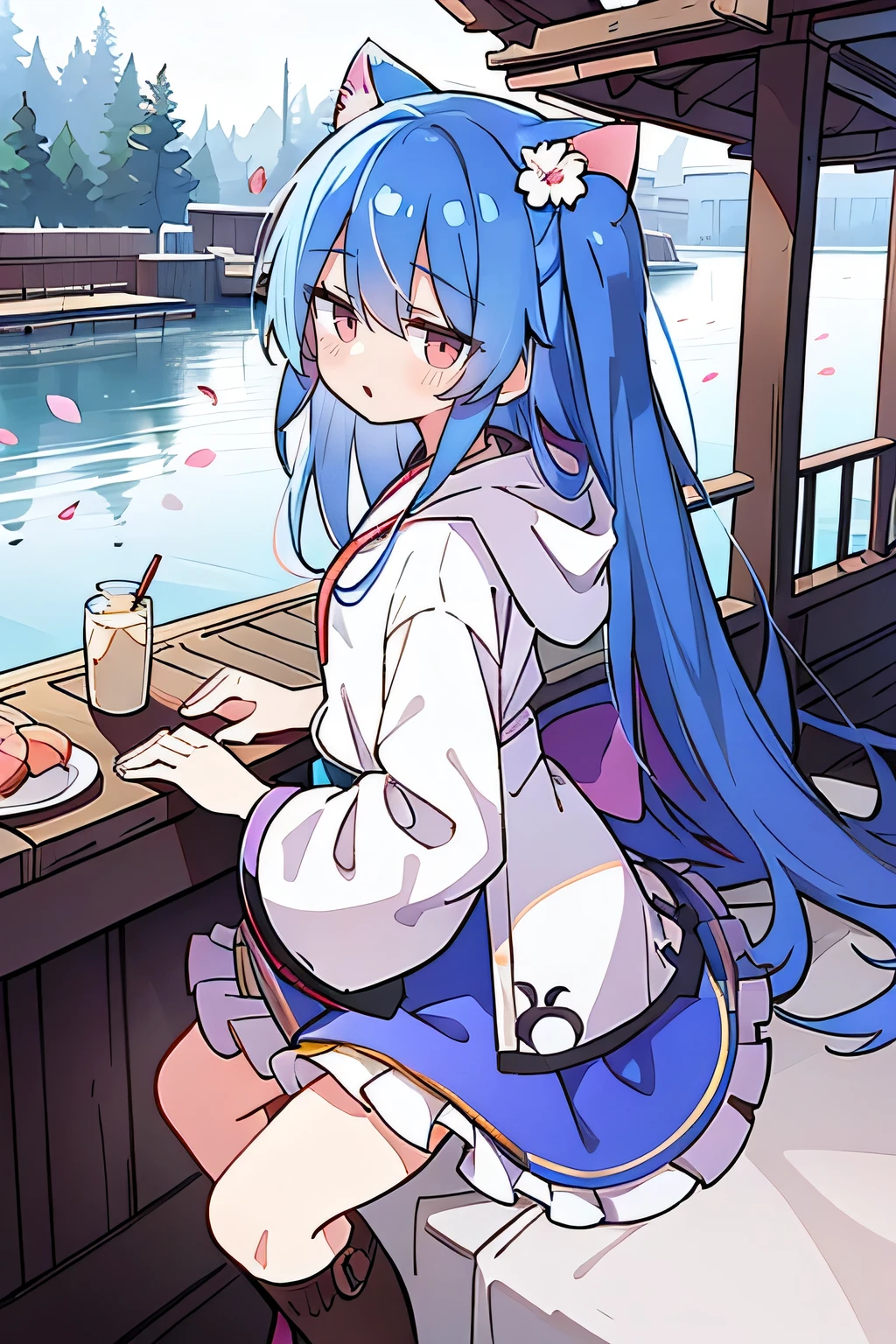 （masterpiece：1.2），Super detailed，lifelike，Expressive eyes，fair skin，perfect face shape，1 girl，
Japanese comics,Gorgeous blue hair,flowing blue hair,flowing clothes,Cat ears,Petals fall,beautiful lola,Baby Angel,
Shaking head with one hand，Cross your legs，Gentle and peaceful background，The pavilion is cool and comfortable,smile, wearing hoodie, background of tokyo,back views,snowing, winter.