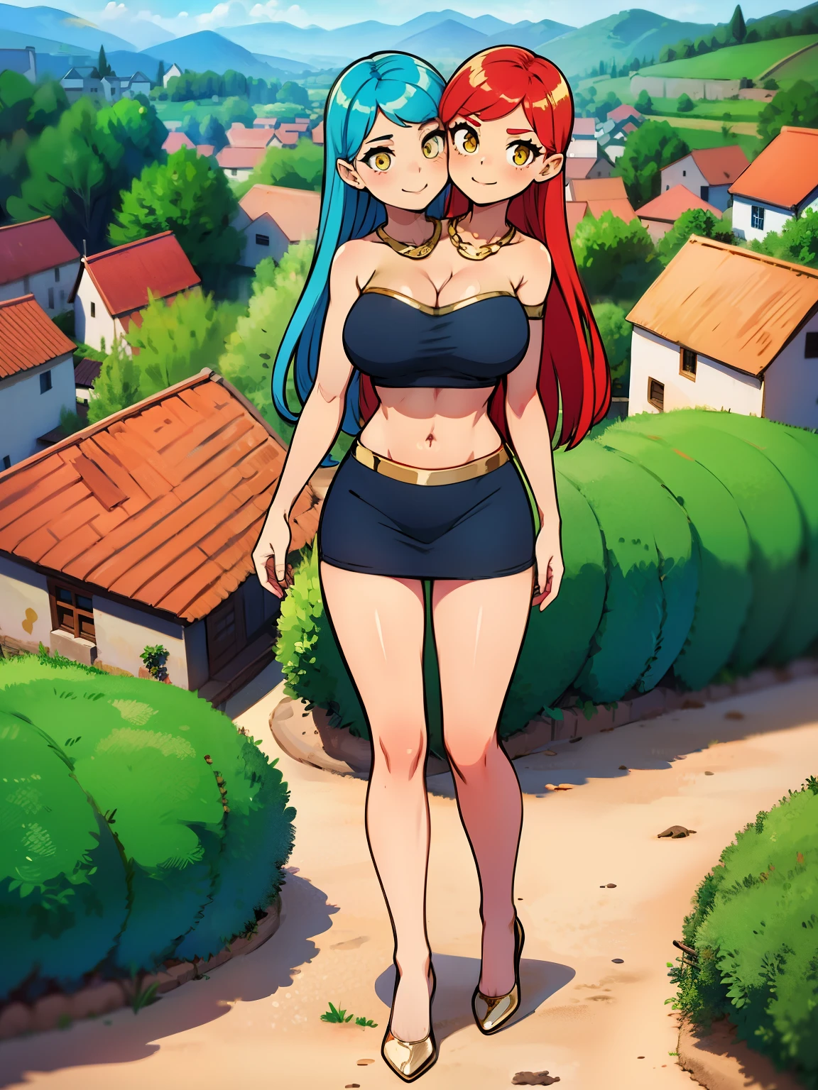 best quality, (masterpiece),(ultra-detailed), (high quality), (high resolution), ((2heads:1.5)), best quality:1.5, highres, UHD, 16K), ((two headed woman)), smiling, highres, masterpiece, ((red hair)), ((blue hair)), ((different hair colors)),cleavage, ((gold crop top:1.5)), lustrous and smooth skin, huge breasts, (mature woman), seductive silhouette, casual dress, sexy proportions, Beautiful girl with accentuated slender abs, ((full body)), long legs, seductive woman, ((village background:1.5)), ((exposed midriff)) necklace, body con dress, strapless, sleeveless, yellow eyes, ((long hair)), seductive woman, 