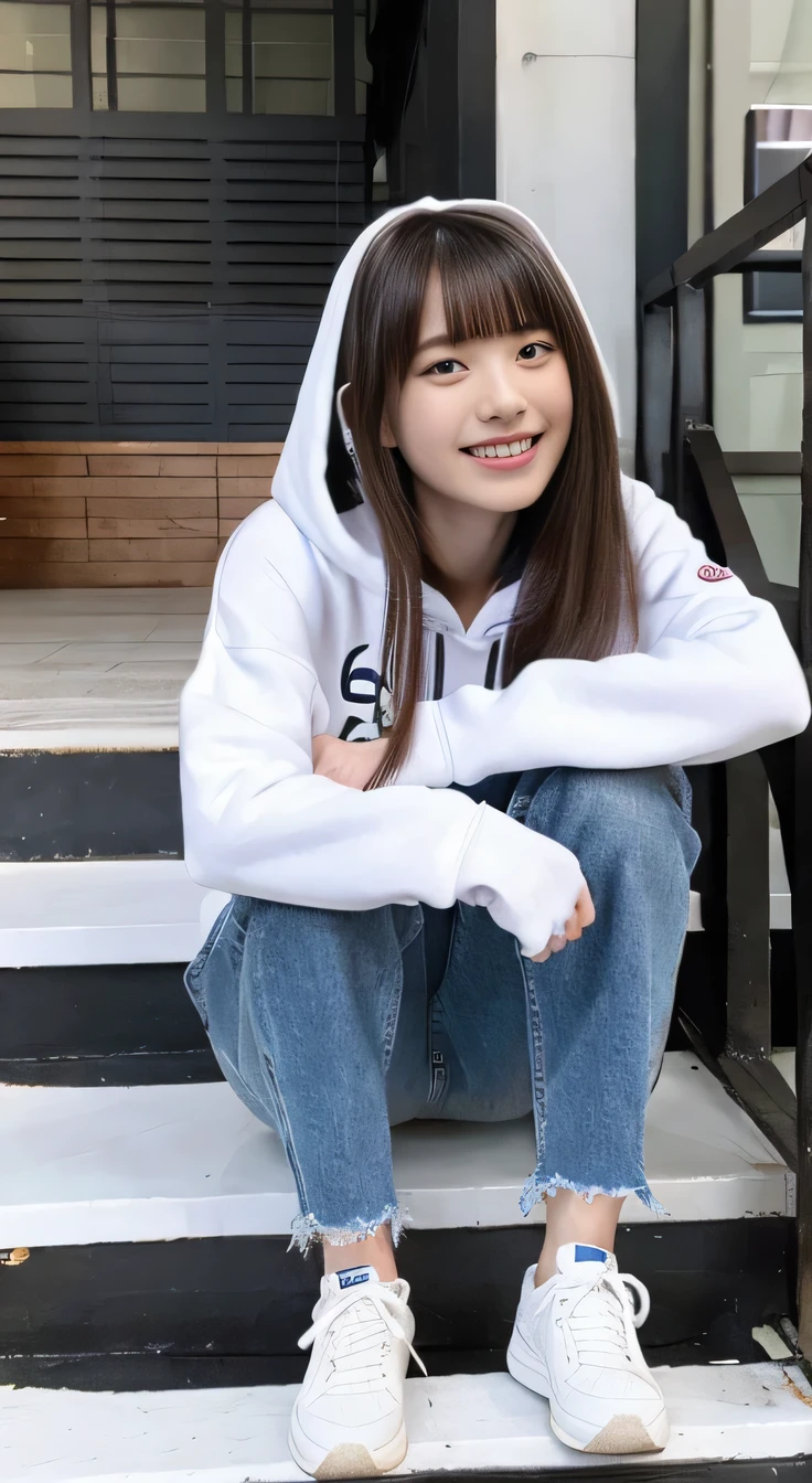 highest quality, Realistic, Very detailed, Finer details, High resolution, 8k wallpaper, One beautiful woman,Sit on the stairs、smile、(Beautiful teeth alignment、)(Gums are visible) Oversized hoodie, Skinny jeans,( Black sneakers)、Black Hair、 Beautiful Bangs、ear piercing、Perfect dynamic composition, Beautiful and detailed, Full Body Shot, A big smile waiting to start