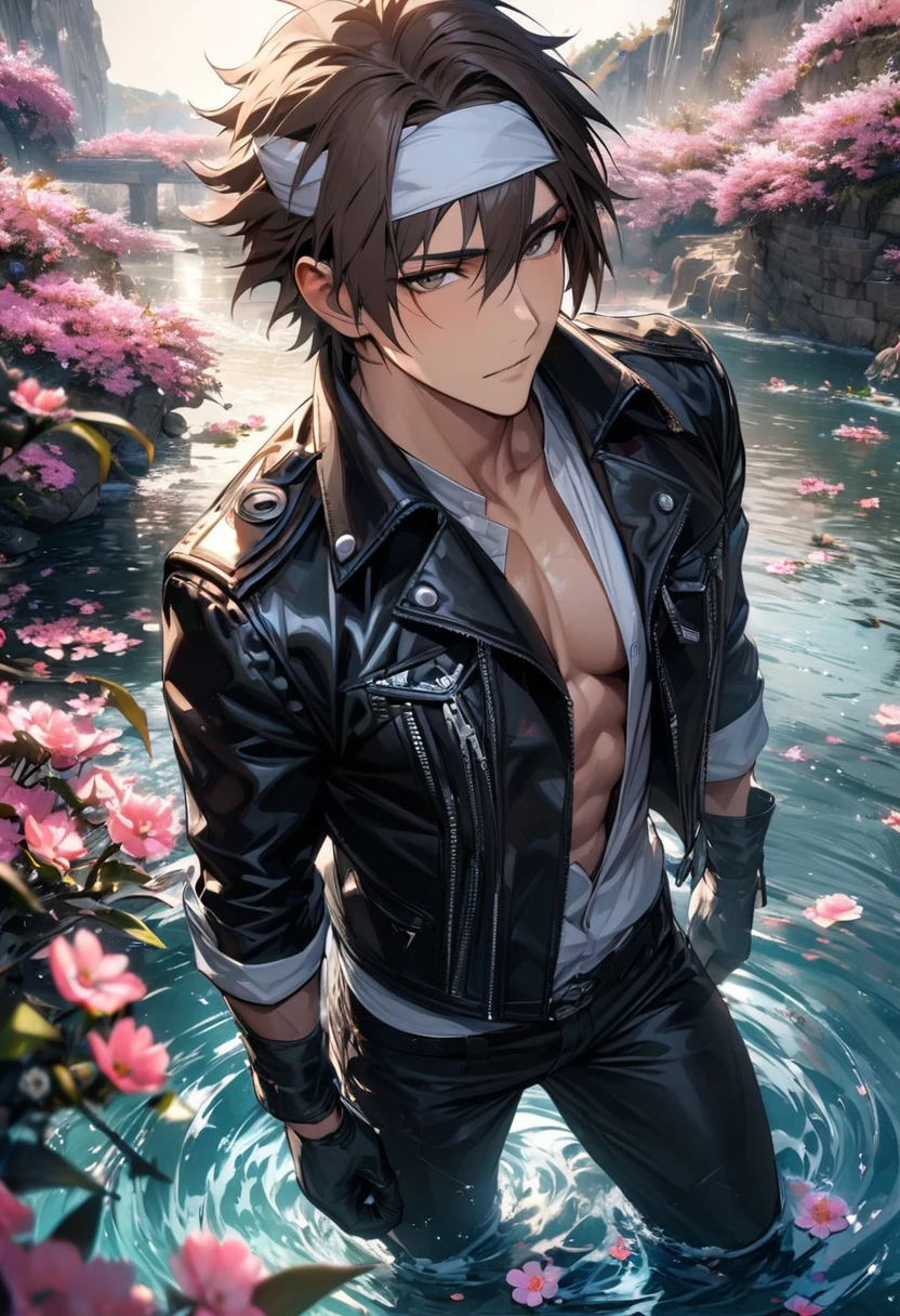 absurdres, highres, ultra detailed, HDR, master piece, best quality, extremely detailed face and eyes, Kusanagi Kyo, dark brown hair, short hair, without bangs, expressive brown eyes, The King Of Fighters, white headband, black leather jacket, white shirt, black gloves, solo, sexy man, handsome, pink flowers, water, spring