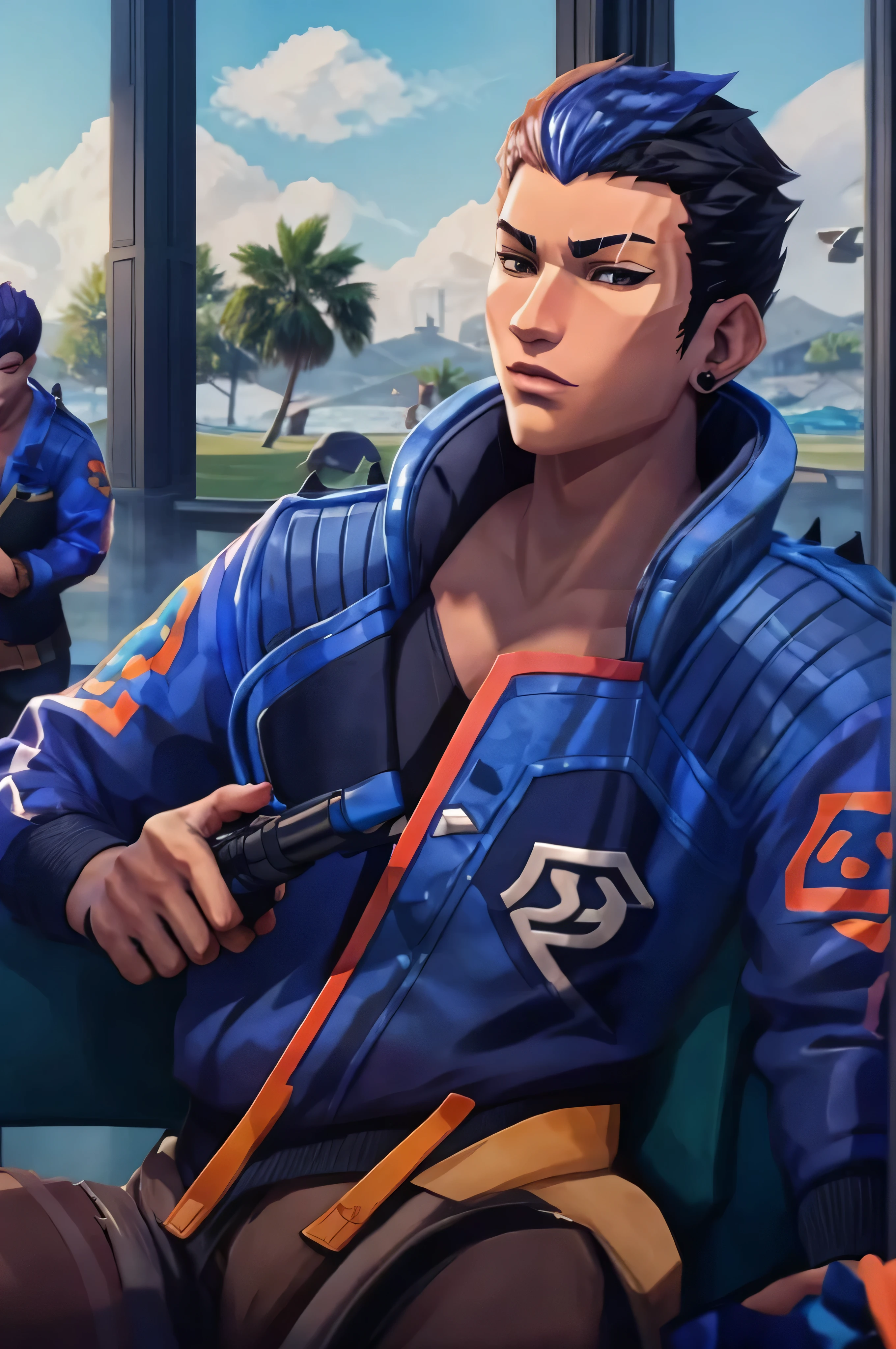 yoru valorant, mask on, holding a gun