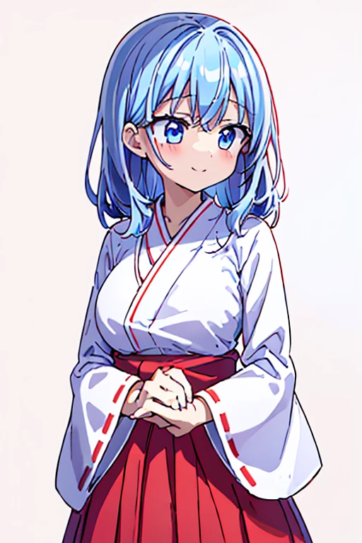 highest quality High resolution {Red too:1.35},シンプルなShrine maiden服 Shrine maiden服 (white background white groundless background:1.5), Long short hair Drooping eyes Anime style illustrations Beauty Shrine maiden Cute eyes smile Scarlet hakama Dark blue eyes One Woman Light blue hair Shortcuts Wide sleeves Long hem Looking up Big Breasts