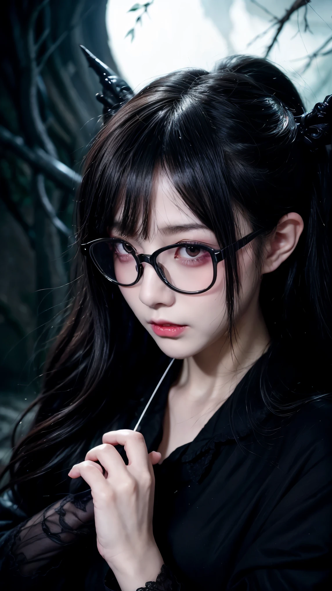 (highest quality,4K,8k,High resolution,masterpiece:1.2),Very detailed,(Realistic,photoRealistic,photo-Realistic:1.37), Close-up of a woman with dark hair and wearing a black dress, 20-year-old woman、(ponytail:1.3)、((((Glasses))))、Dark Theme、Calm colors調、Calm colors、High Contrast、(Natural skin texture、Hyperrealism、Soft Light、sharp)、(Masseter region:1.3)、Beautiful expression、(A vivid face)、Beautiful Hairstyles、Realistic eyes、Beautiful details、(Realistic Skin)、Beautiful skins、(black lace bodysuit)、Absurd、Golden Ratio、Center of chest、Supermodel、Dark Eyes,an ominous笑顔,Evil Aura,Burning Flames,Soul Corruption,Dark Shadows,an ominous雰囲気,Strange symbols,Cursed Land,Eternal Darkness,An unforgettable presence,Grotesque features,Horror Scene,nightmare to be born kimono,twisted reality,Scary atmosphere,A wonderful work of art,Evil Unleashed,Supernatural horror,Spooky art,nightmare fuel,Terrifyingly clear,Abstract fear,Terrifyingly beautiful,A devilish masterpiece,Fear incarnate,Shadow Chaos,A devilish existence,to be born々Shii Darkness,in style of Dark Fantasy Art, Dark Fantasy Art, 美しく優雅なdevilの女王, Dark Fantasy Art, fantasy dark art, Dark fantasy digital art, Gothic fantasy art, Gothic Dark Maiden, Detailed Texture,Spooky creatures,an ominous雰囲気,Mythical,Space horror,darkness,Mysterious,Dark aesthetic,Fog Background,Eyes of another world,Ancient Gods々, Powerful wizard, Mysterious森の中に立つ. Flowing robes decorated with symbols, Arms stretched out, Powerful,Tentacles,Pitch black blackness,Majestic,Unfathomable depth,nightmare,The existence of the universe,an ominous存在,seeping darknesss,Secrets of the Universe,that'terrible,that (Spooky atmosphere), (Cartoon-like atmosphere),(granular), (Dramatic Shadows), (Dynamic pose), ((Artistically expressed)), ((attractive), (Gothic), (Mysterious Setting), (Moody color palette), (Skillfully drawn), (sense of unease), (Intricate details), (an ominous smile), (an ominous), (attractive eyes), (Horror elements), (attractive composition), (Impressive anatomy),(Striking contrast)), (Exquisite craftsmanship), (Interesting character designs)、Dark Fantasy Portrait, Portrait of the Dark Goddess, Satan Girl,devil,