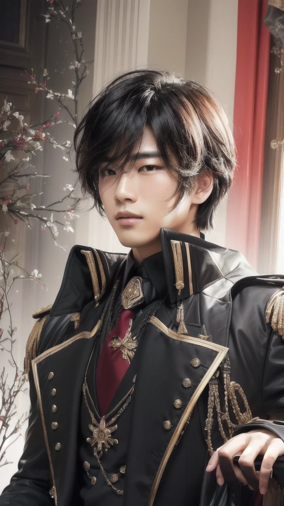 image of a handsome asian boy in a black coat and red tie, realistic