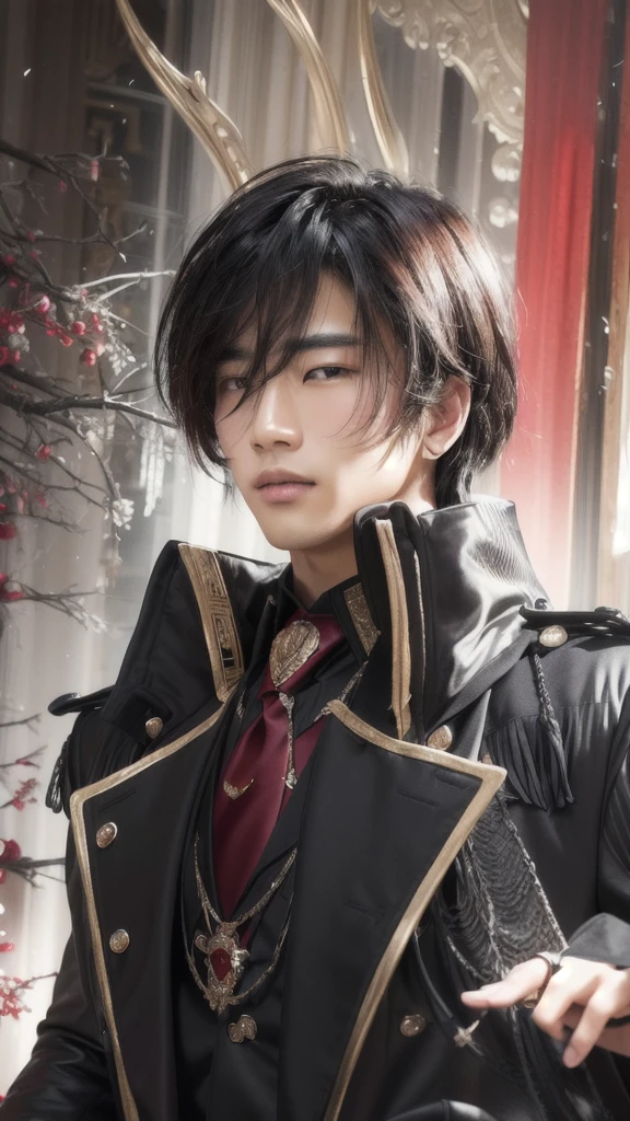 image of a handsome asian boy in a black coat and red tie, realistic