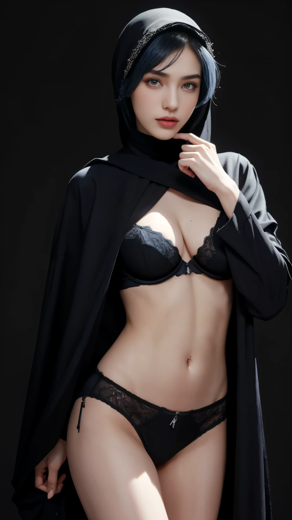 8K, Top Quality, Intricate Details, Ultra Detail, Ultra High Resolution, Masterpiece, close up shot, Slender,, ((Full body )), (Makeup: 0.4), (), , looking at viewer, ((full body)), 1girl, solo, 1 girl, (( )), , , ((tall)), (((fit body))), (((slim face))), sharp face , smile, (( blue hair, bangs, long hair )) , (detailed face), sharp face, small lips, standing, feminine pose, , show belly ,, , ((abaya, bra, panties)), , ((detail belly )), detail fingers, detail hands, detailed face, detailed breast, huge breast, Narrow Waist, Skinny, 175 cm tall , Muscular, Navel, Exposed Abdomen, Pointed Ches , large breast, , , Beautiful girl with accentuated slender abs: 1.4, Six Pack Abs: 1.4, Bust Botox,, Perfect Body, (( dark background)), black background,