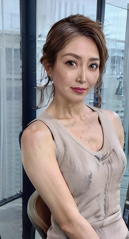 High resolution, high resolution, Attention to detail, masterpiece, Rough skin, Anatomically correct, sharp, Gray background((Japanese Mature, 45 years old)), alone, ((Facial wrinkles)), Shapely breasts, Straight light brown hair that reaches the shoulders, Chubby body type (((Stand upright, Facing the center of the screen.))), Close your mouth and look ahead with a serious face, sweater, skirt, ((Cowboy Shot)(((Sit diagonally on a chair completely naked、 Facing the center of the screen.))), 口を開けてStaring straight ahead., ((Cowboy Shot)),Slim Abs、Thighs、Full body portrait、Big cleavage、loose blue tank top、(((((Put your arms on the top of your head、)))、(((Staring straight ahead))