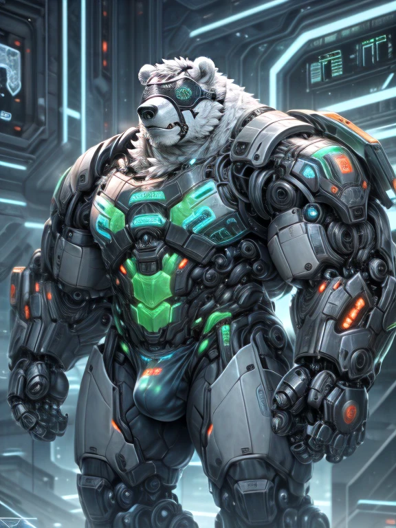 Polar Bear,Strong Man,uncle,strong,Mechanical Armor(green),Flesh and machinery connected,Super mini male bulge(Covered by a piece of iron,Glowing Icon(Lock)),Biomechanical Arm,Eye mask(Black LCD screen),Cyber City(Detailed background:1.2),High Detail。