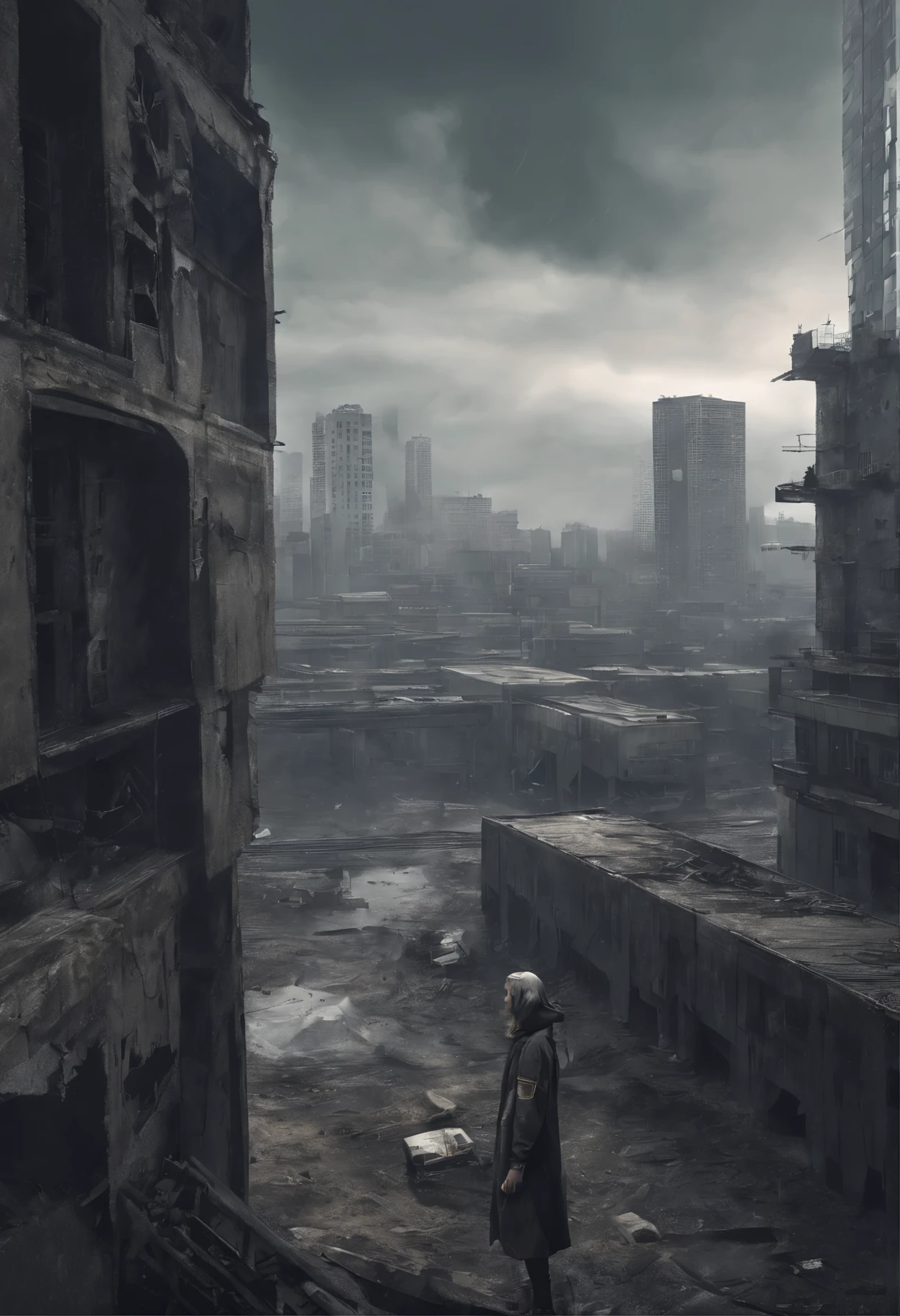 image taken from above and behind the shoulder of a dirty wet GIRL with her back and DRESSED IN a dirty HOOD from a second floor balcony of a dilapidated futuristic building, she is in the corner of the photo, She is looking at an aerial view of an ultra-futuristic North American megalopolis, distopia, lixo nas ruas, tem lixo residencial em toda parte, curved buildings in ruins, apocalypse moderno, view of the entire city with many wide, cylindrical buildings and metal houses in dark colors from dark blue to black and in ruins, the dirty apocalyptic city, tem viadutos e pontes que atravessam a cidade, smoky buildings , It's raining a lot, tem chuva, there are puddles of water everywhere, apocalyptic industrial environment with smoke and fog around, carros sujos nas ruas, tem viadutos largos e longos e bifurcados no meio da cidade, there are overpasses passing between the buildings, desert megalopolis, trilhos e trens modernos de de metal passando estre as ruas da cidade, tall futuristic metal buildings, many ultra modern buildings around, , as realistic as possible, As detailed as possible, imagem realista, Science fiction