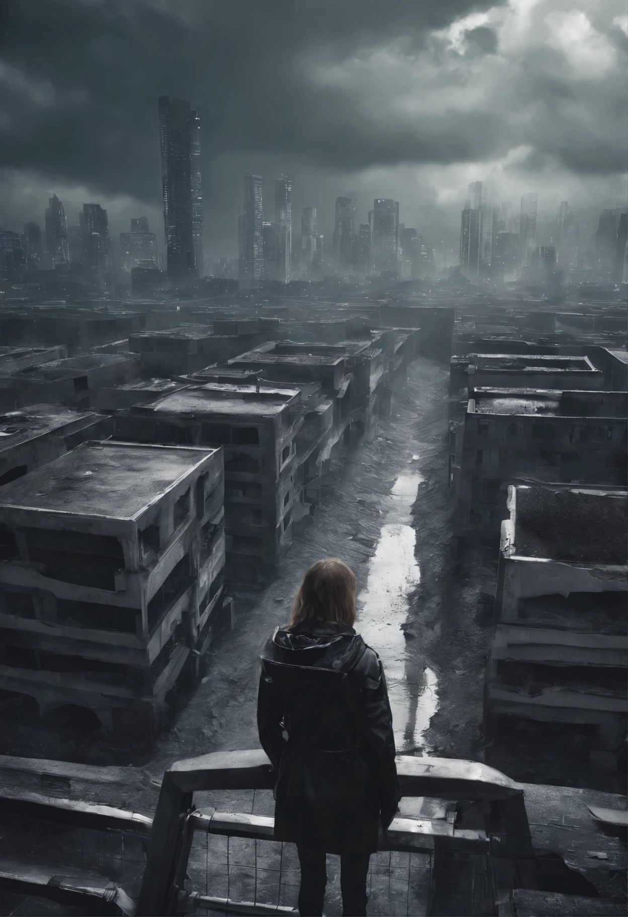 image taken from above and behind the shoulder of a dirty wet GIRL with her back and DRESSED IN a dirty HOOD from a second floor balcony of a dilapidated futuristic building, she is in the corner of the photo, She is looking at an aerial view of an ultra-futuristic North American megalopolis, distopia, lixo nas ruas, tem lixo residencial em toda parte, curved buildings in ruins, apocalypse moderno, view of the entire city with many wide, cylindrical buildings and metal houses in dark colors from dark blue to black and in ruins, the dirty apocalyptic city, tem viadutos e pontes que atravessam a cidade, smoky buildings , It&#39;s raining a lot, tem chuva, there are puddles of water everywhere, apocalyptic industrial environment with smoke and fog around, carros sujos nas ruas, tem viadutos largos e longos e bifurcados no meio da cidade, there are overpasses passing between the buildings, desert megalopolis, trilhos e trens modernos de de metal passando estre as ruas da cidade, tall futuristic metal buildings, many ultra modern buildings around, , as realistic as possible, As detailed as possible, imagem realista, Science fiction
