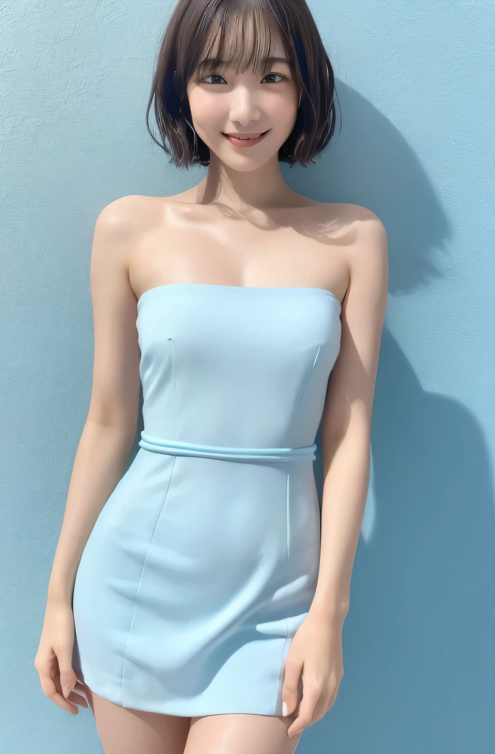 ((Ultra-high resolution,highest quality,8K,32K,Masterpiece hehe:1.2)),18-year-old、Bobcut,Small breasts, , Nogizaka Idol,  Pink bandeau dress:1.1、,Idol Sculpture, Wet, smile、Light blue wall、sexy、slender、Shapely small breasts,