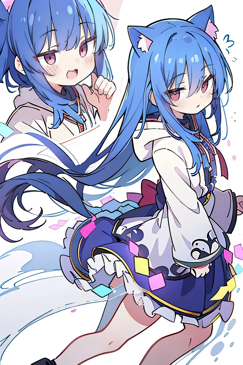 (masterpiece:1.2),Super detailed,lifelike,Expressive eyes,fair skin,perfect face shape,1 girl,
Japanese comics,Gorgeous blue hair,flowing blue hair,flowing clothes,Cat ears,Petals fall,beautiful lola,Baby Angel,
Shaking head with one hand,Cross your legs,Gentle and peaceful background,The pavilion is cool and comfortable,smile, wearing hoodie, background of tokyo,back views,snowing, winter.