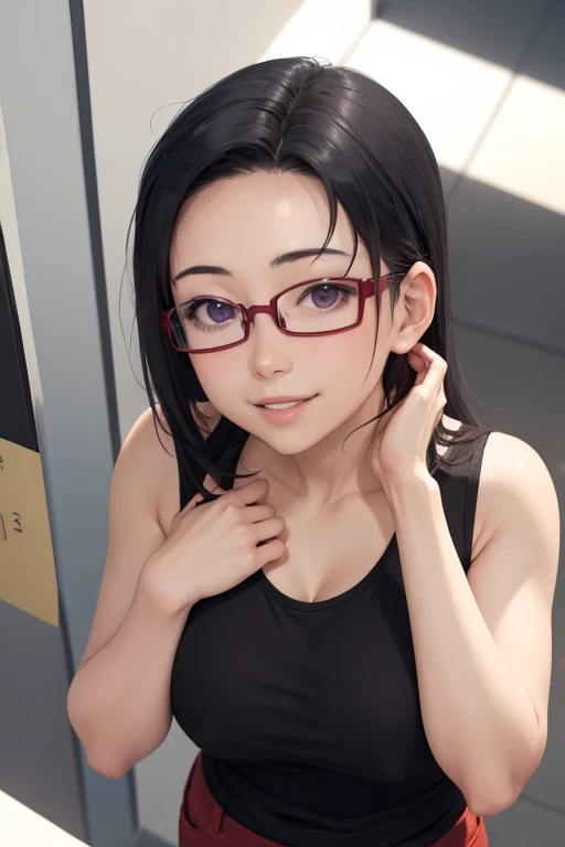 masterpiece, best quality, satou sakie, glasses, wearing red tanktop shirt, red pants, looking at viewer, large breasts, upper body, portrait, looking at viewer, parted lips, smile, put your hands on your head, from above,