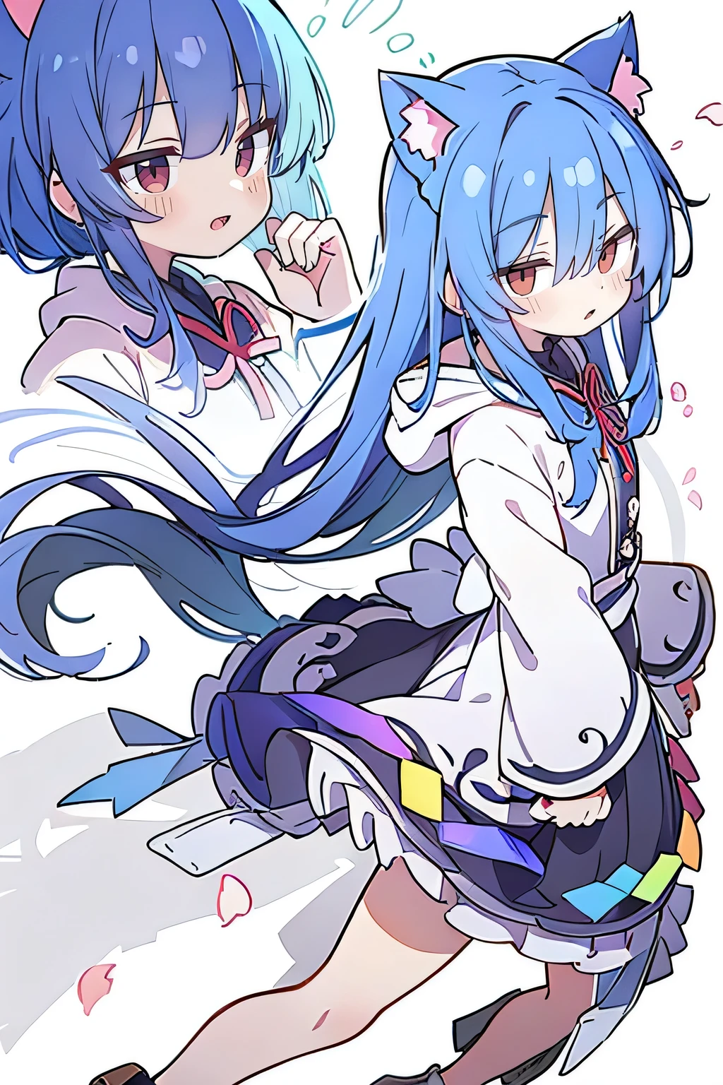 (masterpiece:1.2),Super detailed,lifelike,Expressive eyes,fair skin,perfect face shape,1 girl,
Japanese comics,Gorgeous blue hair,flowing blue hair,flowing clothes,Cat ears,Petals fall,beautiful lola,Baby Angel,
Shaking head with one hand,Cross your legs,Gentle and peaceful background,The pavilion is cool and comfortable,smile, wearing hoodie, background of tokyo,back views,snowing, winter.