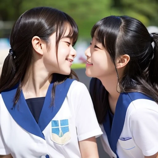 Two Japanese elementary school girls in short sleeves and shorts are kissing with their eyes closed